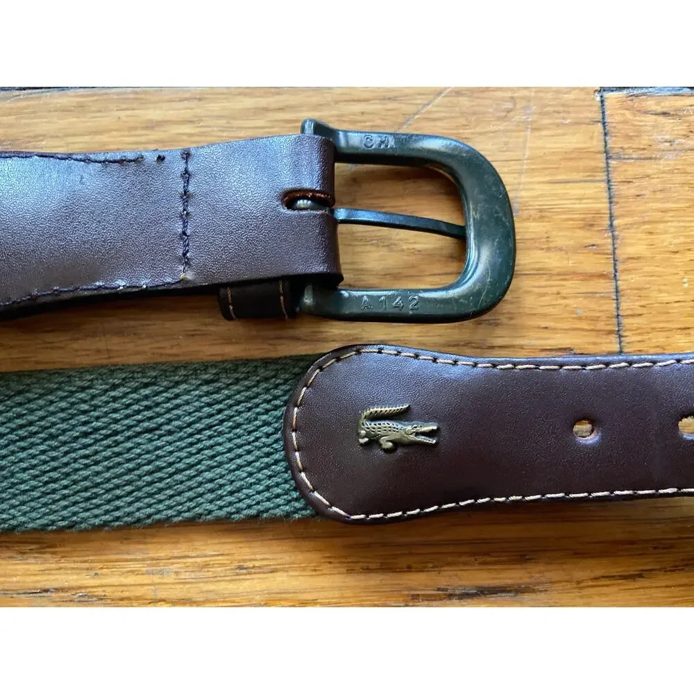 Vintage LACOSTE Green Woven Fabric Belt w/Leather Trim sz XS/S